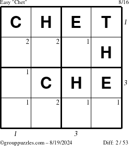 The grouppuzzles.com Easy Chet puzzle for Monday August 19, 2024 with all 2 steps marked