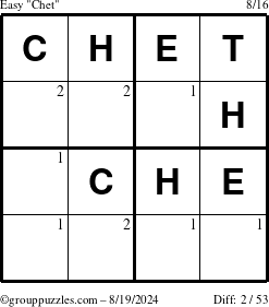 The grouppuzzles.com Easy Chet puzzle for Monday August 19, 2024 with the first 2 steps marked