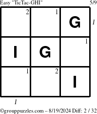 The grouppuzzles.com Easy TicTac-GHI puzzle for Monday August 19, 2024 with all 2 steps marked