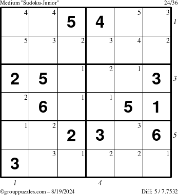 The grouppuzzles.com Medium Sudoku-Junior puzzle for Monday August 19, 2024 with all 5 steps marked