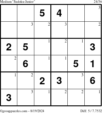 The grouppuzzles.com Medium Sudoku-Junior puzzle for Monday August 19, 2024 with the first 3 steps marked