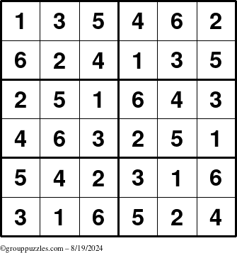 The grouppuzzles.com Answer grid for the Sudoku-Junior puzzle for Monday August 19, 2024