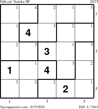 The grouppuzzles.com Difficult Sudoku-5B puzzle for Monday August 19, 2024, suitable for printing, with all 4 steps marked