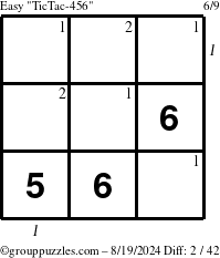 The grouppuzzles.com Easy TicTac-456 puzzle for Monday August 19, 2024 with all 2 steps marked