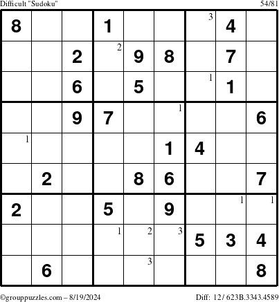 The grouppuzzles.com Difficult Sudoku puzzle for Monday August 19, 2024 with the first 3 steps marked