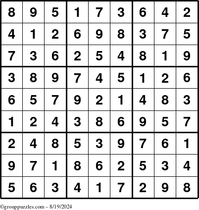 The grouppuzzles.com Answer grid for the Sudoku puzzle for Monday August 19, 2024