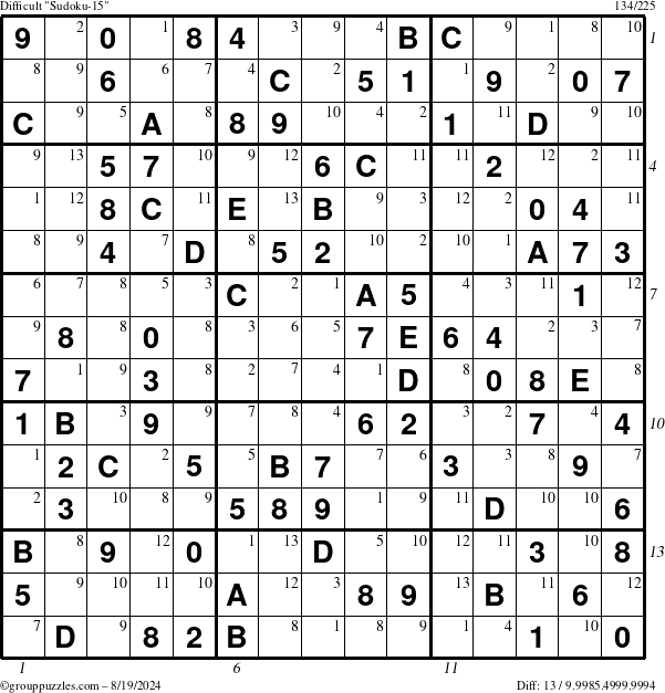 The grouppuzzles.com Difficult Sudoku-15 puzzle for Monday August 19, 2024, suitable for printing, with all 13 steps marked