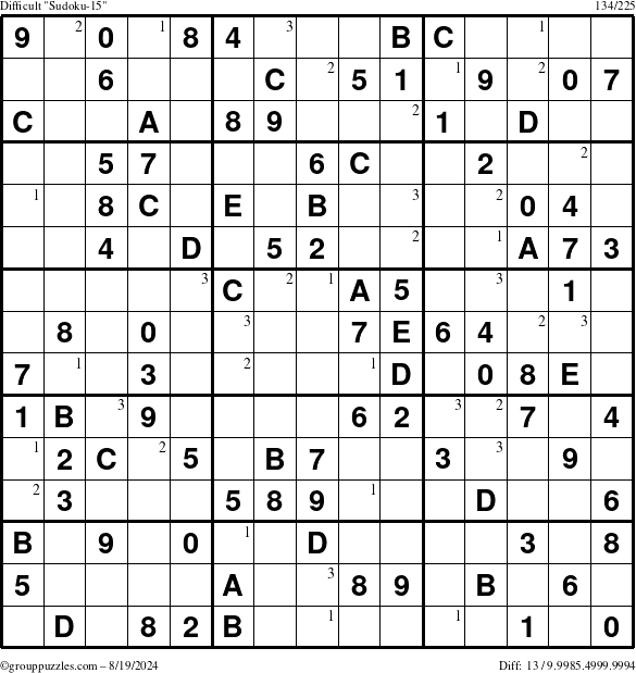 The grouppuzzles.com Difficult Sudoku-15 puzzle for Monday August 19, 2024 with the first 3 steps marked