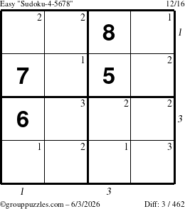 The grouppuzzles.com Easy Sudoku-4-5678 puzzle for Wednesday June 3, 2026, suitable for printing, with all 3 steps marked
