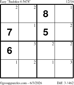The grouppuzzles.com Easy Sudoku-4-5678 puzzle for Wednesday June 3, 2026 with the first 3 steps marked