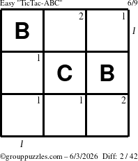 The grouppuzzles.com Easy TicTac-ABC puzzle for Wednesday June 3, 2026 with all 2 steps marked