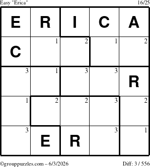 The grouppuzzles.com Easy Erica puzzle for Wednesday June 3, 2026 with the first 3 steps marked