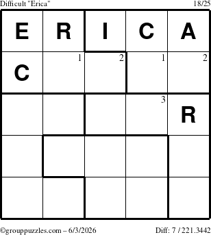 The grouppuzzles.com Difficult Erica puzzle for Wednesday June 3, 2026 with the first 3 steps marked