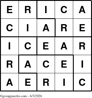 The grouppuzzles.com Answer grid for the Erica puzzle for Wednesday June 3, 2026