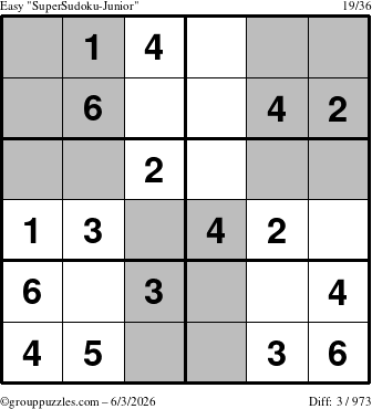 The grouppuzzles.com Easy SuperSudoku-Junior puzzle for Wednesday June 3, 2026