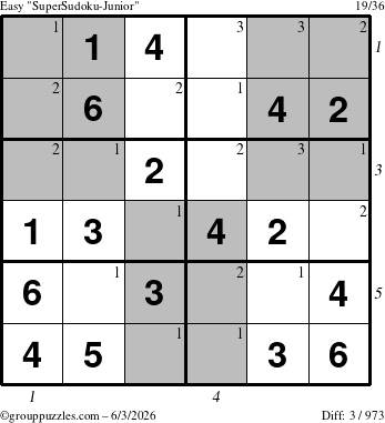 The grouppuzzles.com Easy SuperSudoku-Junior puzzle for Wednesday June 3, 2026, suitable for printing, with all 3 steps marked