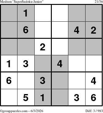 The grouppuzzles.com Medium SuperSudoku-Junior puzzle for Wednesday June 3, 2026