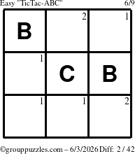 The grouppuzzles.com Easy TicTac-ABC puzzle for Wednesday June 3, 2026 with the first 2 steps marked