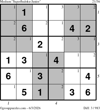 The grouppuzzles.com Medium SuperSudoku-Junior puzzle for Wednesday June 3, 2026, suitable for printing, with all 3 steps marked