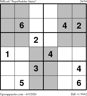 The grouppuzzles.com Difficult SuperSudoku-Junior puzzle for Wednesday June 3, 2026