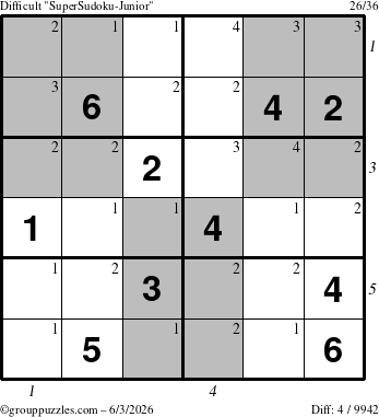 The grouppuzzles.com Difficult SuperSudoku-Junior puzzle for Wednesday June 3, 2026, suitable for printing, with all 4 steps marked