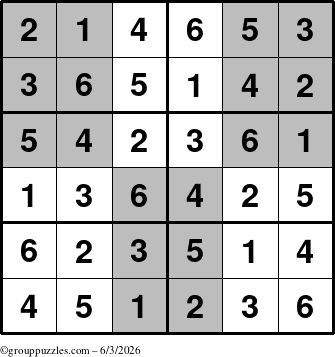 The grouppuzzles.com Answer grid for the SuperSudoku-Junior puzzle for Wednesday June 3, 2026