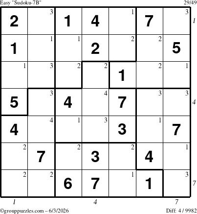 The grouppuzzles.com Easy Sudoku-7B puzzle for Wednesday June 3, 2026 with all 4 steps marked