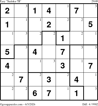 The grouppuzzles.com Easy Sudoku-7B puzzle for Wednesday June 3, 2026 with the first 3 steps marked