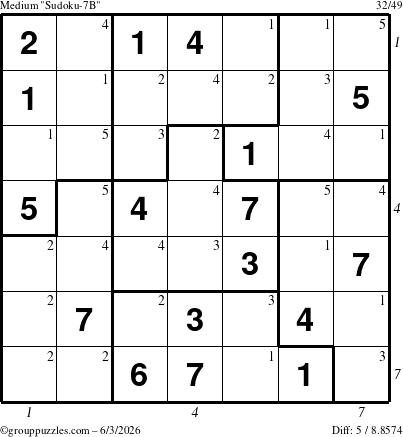 The grouppuzzles.com Medium Sudoku-7B puzzle for Wednesday June 3, 2026, suitable for printing, with all 5 steps marked