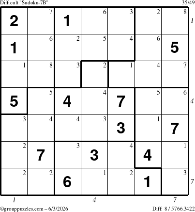 The grouppuzzles.com Difficult Sudoku-7B puzzle for Wednesday June 3, 2026 with all 8 steps marked