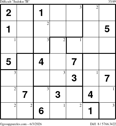 The grouppuzzles.com Difficult Sudoku-7B puzzle for Wednesday June 3, 2026 with the first 3 steps marked