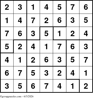 The grouppuzzles.com Answer grid for the Sudoku-7B puzzle for Wednesday June 3, 2026