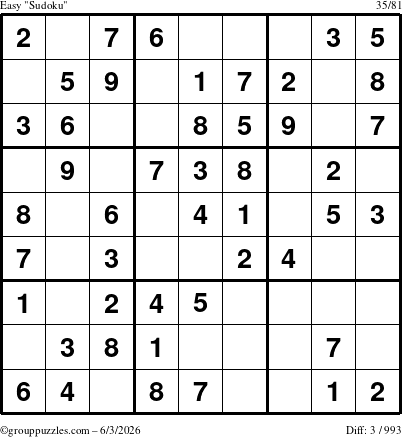 The grouppuzzles.com Easy Sudoku puzzle for Wednesday June 3, 2026