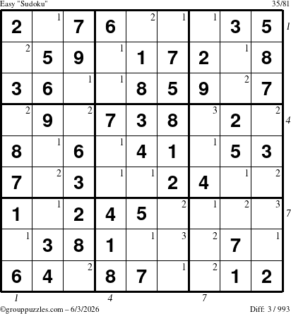 The grouppuzzles.com Easy Sudoku puzzle for Wednesday June 3, 2026, suitable for printing, with all 3 steps marked