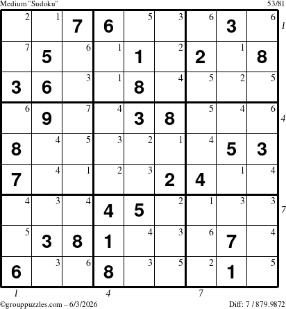 The grouppuzzles.com Medium Sudoku puzzle for Wednesday June 3, 2026, suitable for printing, with all 7 steps marked
