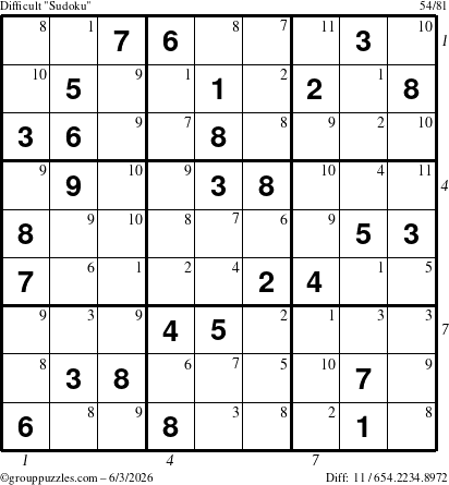 The grouppuzzles.com Difficult Sudoku puzzle for Wednesday June 3, 2026 with all 11 steps marked