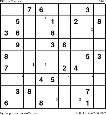 The grouppuzzles.com Difficult Sudoku puzzle for Wednesday June 3, 2026 with the first 3 steps marked