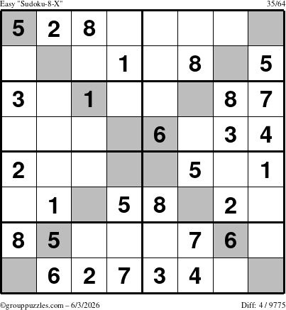 The grouppuzzles.com Easy Sudoku-8-X puzzle for Wednesday June 3, 2026