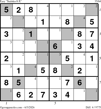 The grouppuzzles.com Easy Sudoku-8-X puzzle for Wednesday June 3, 2026 with all 4 steps marked