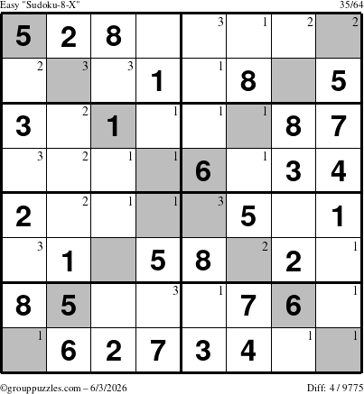 The grouppuzzles.com Easy Sudoku-8-X puzzle for Wednesday June 3, 2026 with the first 3 steps marked