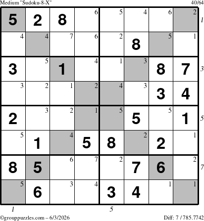 The grouppuzzles.com Medium Sudoku-8-X puzzle for Wednesday June 3, 2026, suitable for printing, with all 7 steps marked
