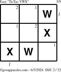 The grouppuzzles.com Easy TicTac-VWX puzzle for Wednesday June 3, 2026, suitable for printing, with all 2 steps marked