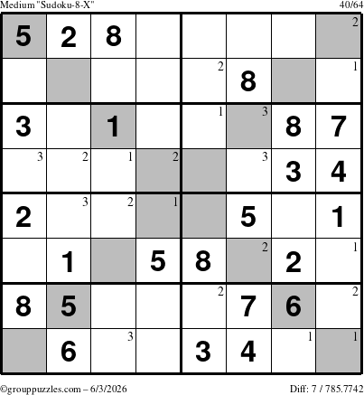 The grouppuzzles.com Medium Sudoku-8-X puzzle for Wednesday June 3, 2026 with the first 3 steps marked