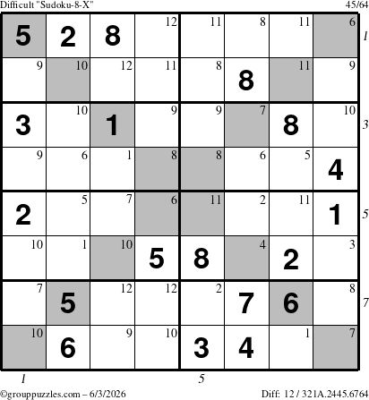 The grouppuzzles.com Difficult Sudoku-8-X puzzle for Wednesday June 3, 2026 with all 12 steps marked