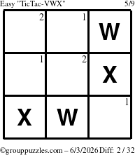The grouppuzzles.com Easy TicTac-VWX puzzle for Wednesday June 3, 2026 with the first 2 steps marked