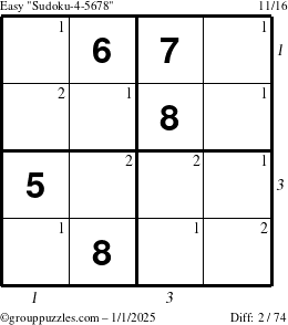 The grouppuzzles.com Easy Sudoku-4-5678 puzzle for Wednesday January 1, 2025, suitable for printing, with all 2 steps marked