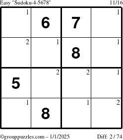 The grouppuzzles.com Easy Sudoku-4-5678 puzzle for Wednesday January 1, 2025 with the first 2 steps marked