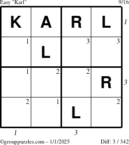 The grouppuzzles.com Easy Karl puzzle for Wednesday January 1, 2025 with all 3 steps marked