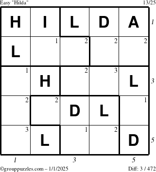 The grouppuzzles.com Easy Hilda puzzle for Wednesday January 1, 2025 with all 3 steps marked