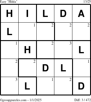 The grouppuzzles.com Easy Hilda puzzle for Wednesday January 1, 2025 with the first 3 steps marked